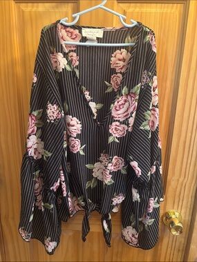 lavender field Black Pinstripe Blouse with Pink Floral Print
